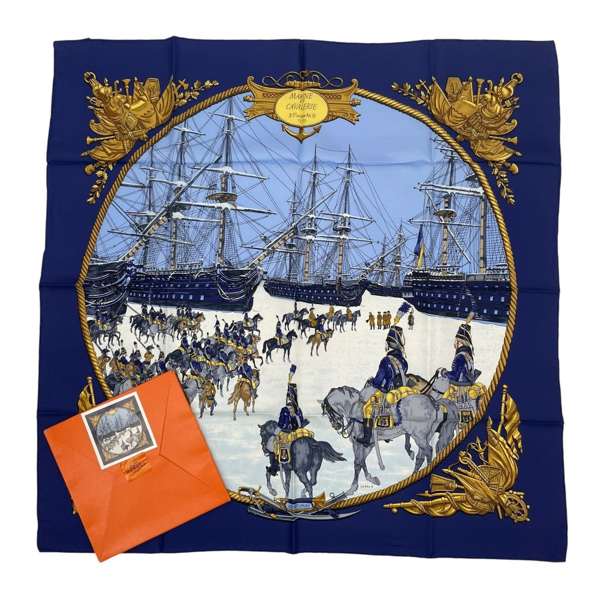 Hermes Scarf Silk Carre 90 Marine ET Cavalerie Sea and Cavalry Navy