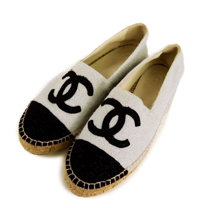 Chanel Espadrilles Silver Black Pile Jute CC Logo Slip-on