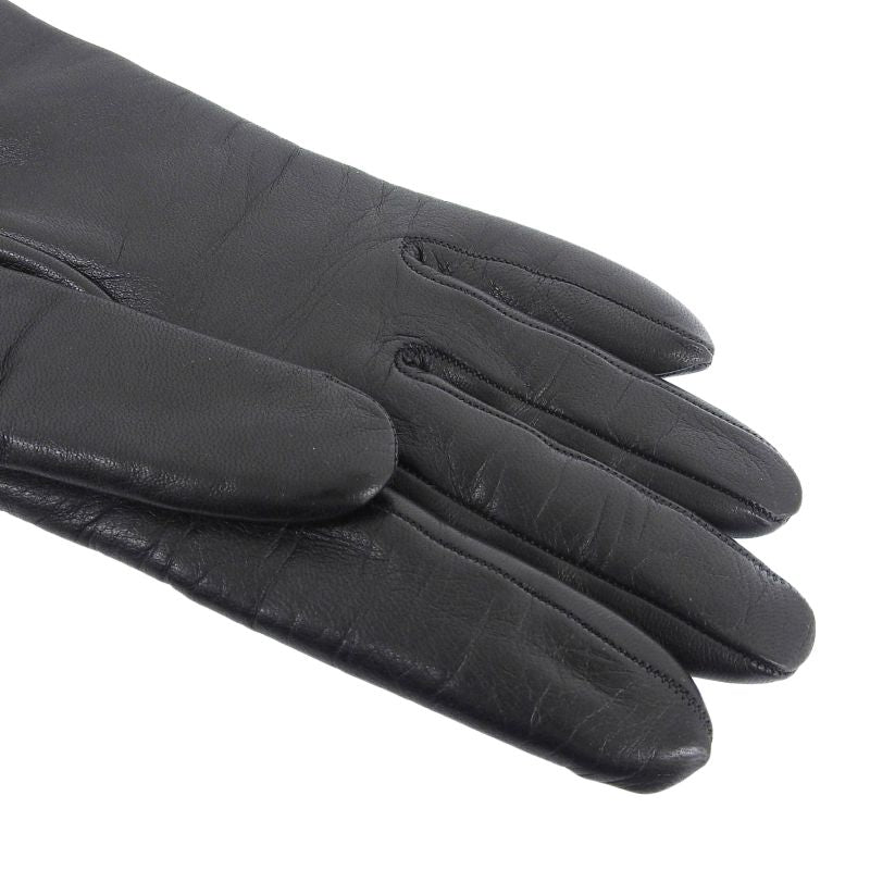 Hermes Lambskin Sheepskin 100% Cashmere Lining H Logo Design Gloves Black 7.5