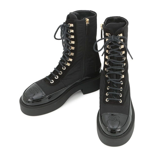 Chanel Short Boots CC Logo Lace Up Nylon Patent 36c Shoes Black