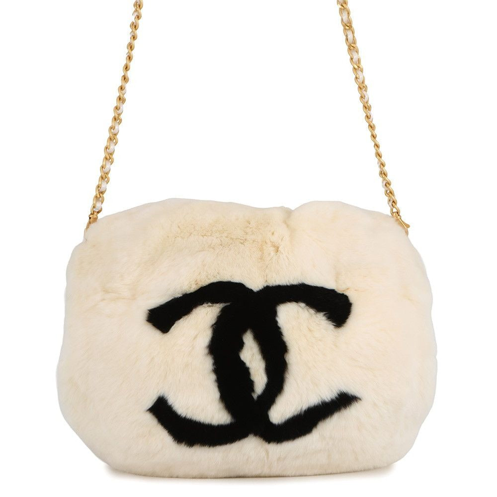 Chanel Chain Shoulder Bag Rabbit White Fur Arm Woman Black