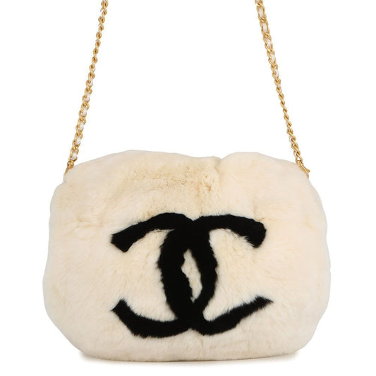 Chanel Chain Shoulder Bag Rabbit White Fur Arm Woman Black