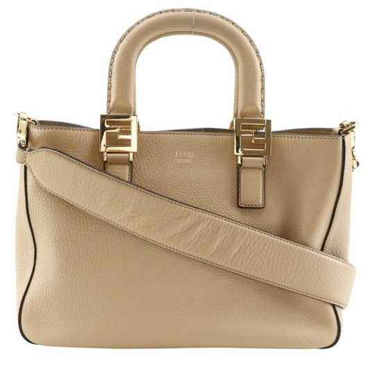 Fendi FF Tote Small 2-Way Shoulder Calf Beige Handbag