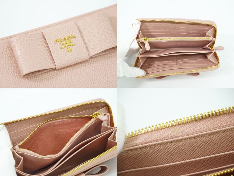 Authentic Prada Ribbon Round Zipper Long Wallet Long Wallet Leather Pink Wallet