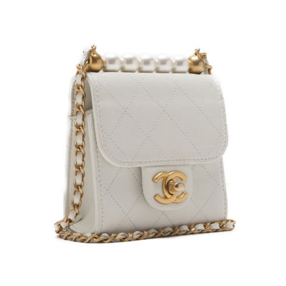 Chanel Mini Matelasse Pearl Chain Shoulder Lambskin White With Gold Hardware