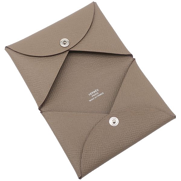 Hermes Card Case Calvi Vaux Epson Etoupe Silver Hardware Unused Glazed Stamped