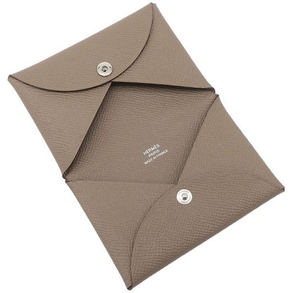 Hermes Card Case Calvi Vaux Epson Etoupe Silver Hardware Unused Glazed Stamped