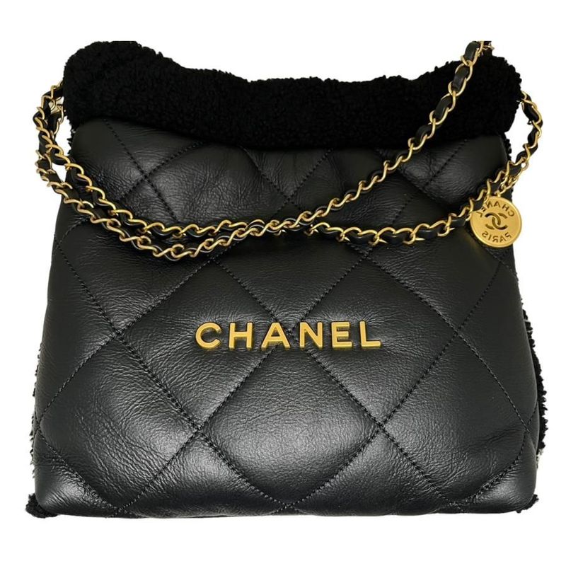 Chanel 22 Small Handbag Chain Bag Shearling Aged Lambskin Black Gold Hardware