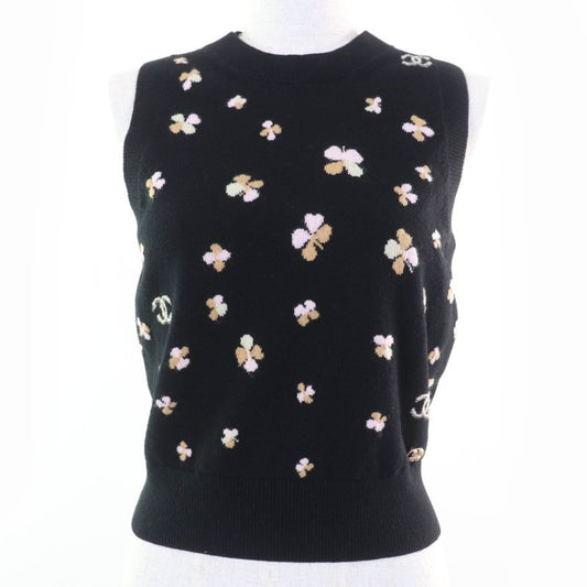 Chanel 24 SS Cashmere Clover Coco Mark Knit Vest Top Black 36