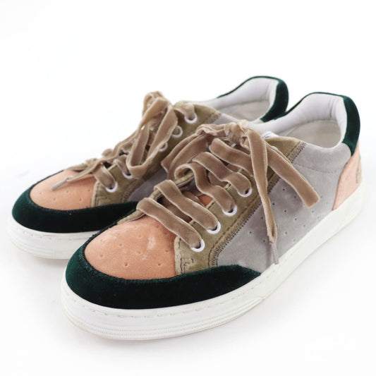 Chanel Logo Lace Up Velvet Leather Low Cut Sneakers Multicolor 37