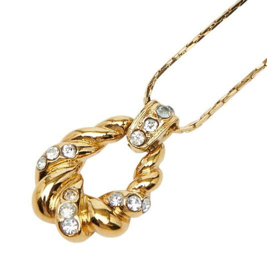 Saint Laurent Logo Open Drop Pendant Necklace Gold Plated Line Stone