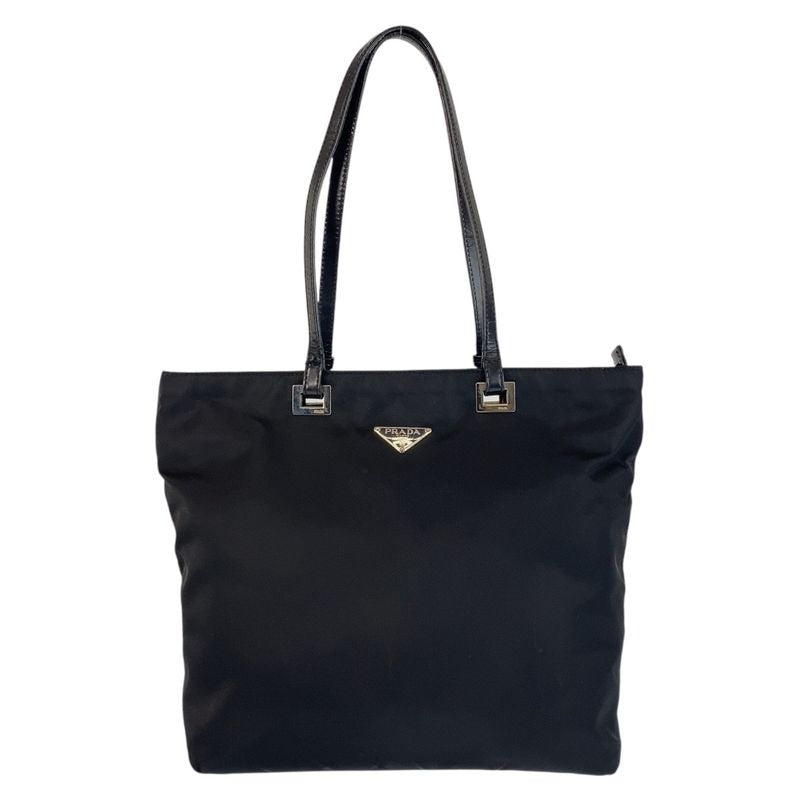 Prada Tessuto Triangle Logo Plate Black Silver Hardware Nylon Leather Tote Bag