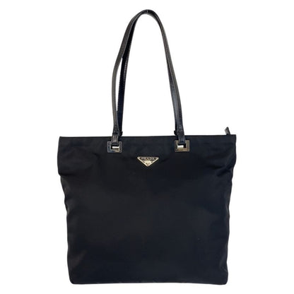 Prada Tessuto Triangle Logo Plate Black Silver Hardware Nylon Leather Tote Bag