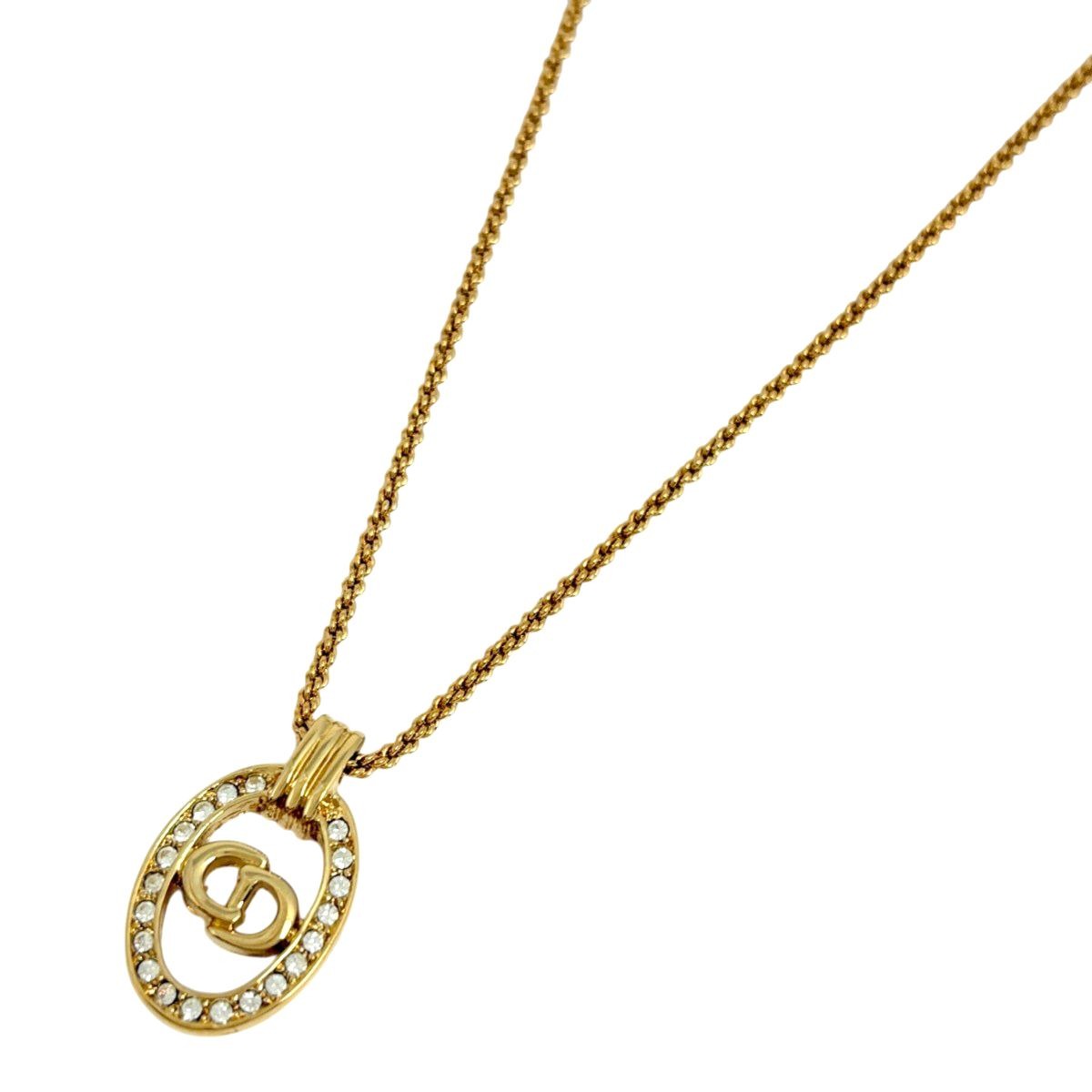 Dior Logo Rhinestone Necklace CD Oval Gold Plated