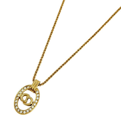 Dior Logo Rhinestone Necklace CD Oval Gold Plated