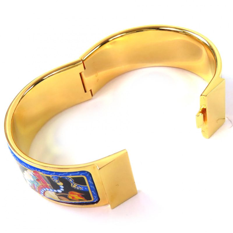 Hermes Roque Emile GM Fan Pattern Cloisonne Bangle Bracelet Accessory Gold