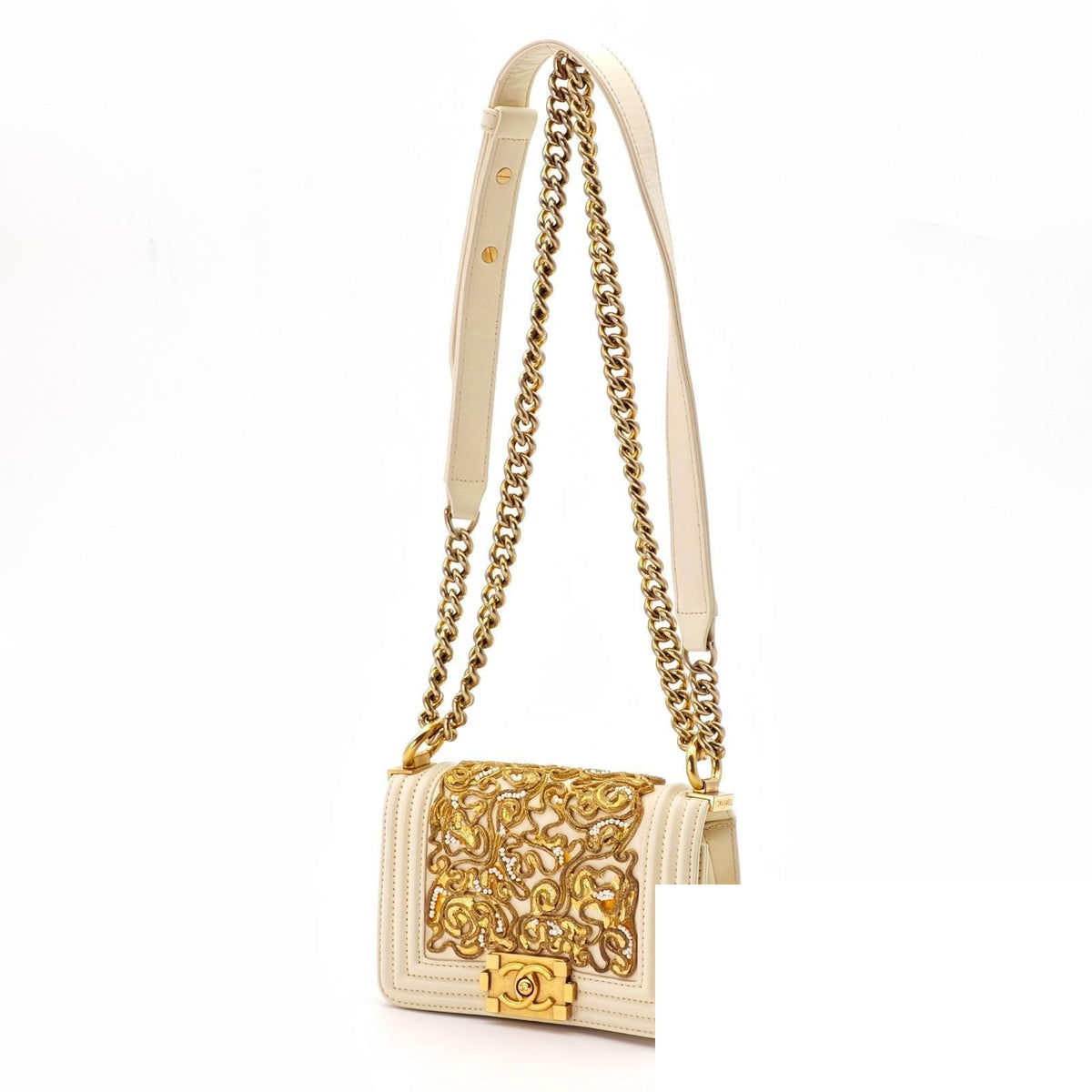 Chanel Mini Boy Leather Shoulder Bag Bijou Beads White — view 2