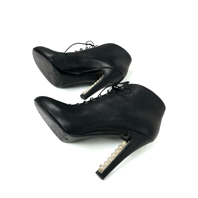 Chanel Boots Short Boots Shoes Leather Black Booties Lace Up Coco Mark Pearl