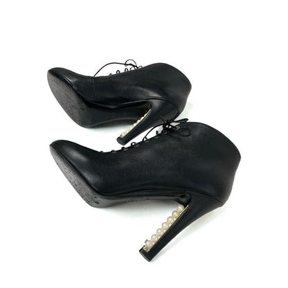 Chanel Boots Short Boots Shoes Leather Black Booties Lace Up Coco Mark Pearl