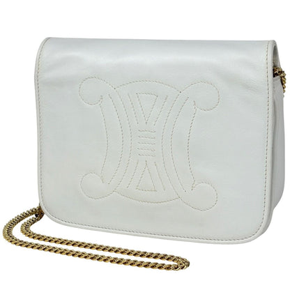 Celine Blason Chain Shoulder Bag Logo Crossbody Leather White