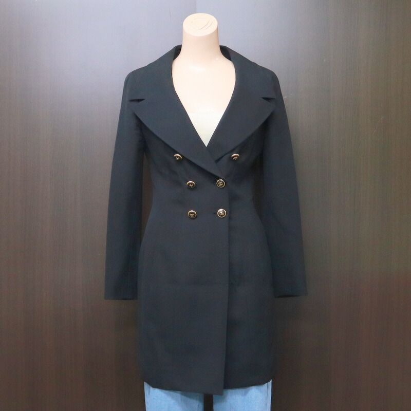 Chanel Coco Button Long Jacket Wool Silk Black 40