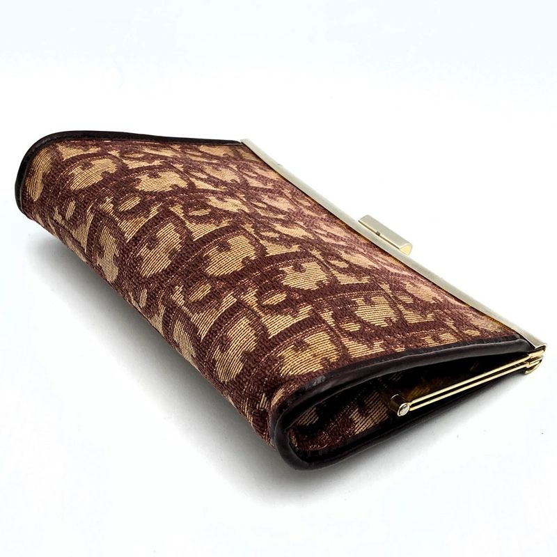 DIOR Pouch Red Gold And Beige Canvas Trotter Clasp Small Pouch Women's