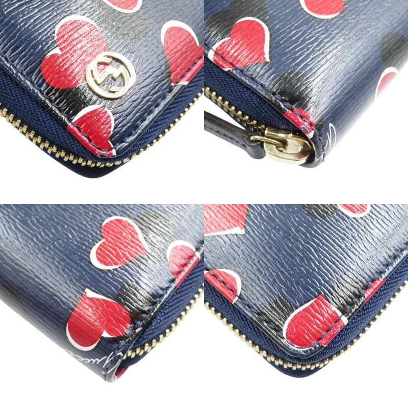 Gucci Heart 309705 Leather Gold Hardware Navy Red Round Zipper Long Wallet 1200