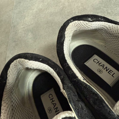 Chanel Coco Mark Sneakers Suede Mesh Logo Black White 38 25cm (9.84in)