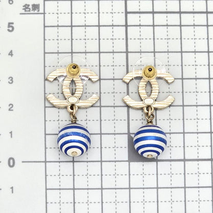 Chanel Coco Mark Earrings Binaural Ball Drop Border Blue/silver Color Gold