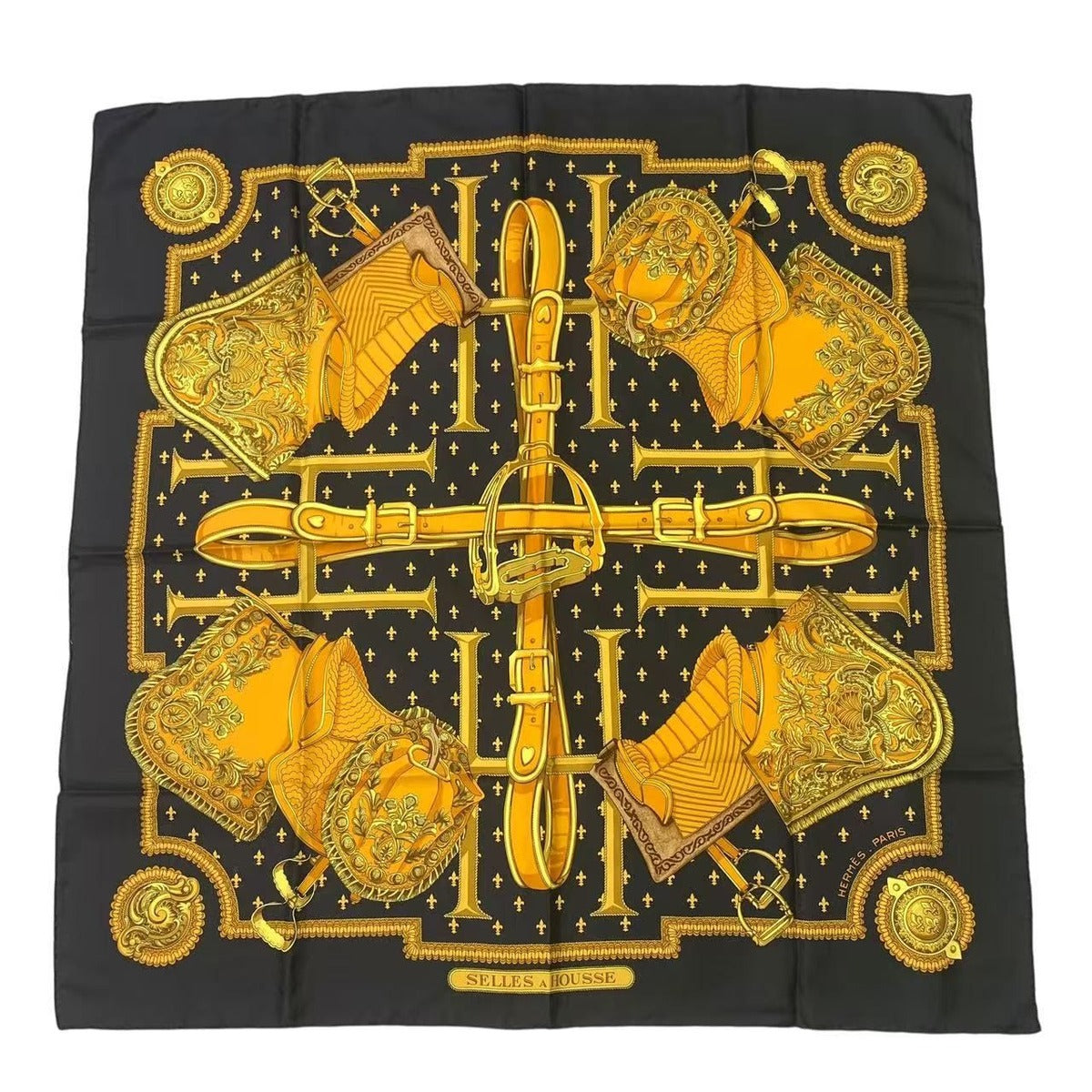 Hermes Carre 90 Selles a Housse Cover Scarf Silk Black