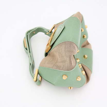 Fendi Beige Green Zucca Canvas Leather Baguette Shoulder Bag
