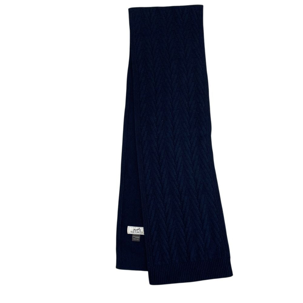 Hermes Knit Cable Scarf Shawl Cashmere Navy Classic Luxury Soft Warm Comfortable