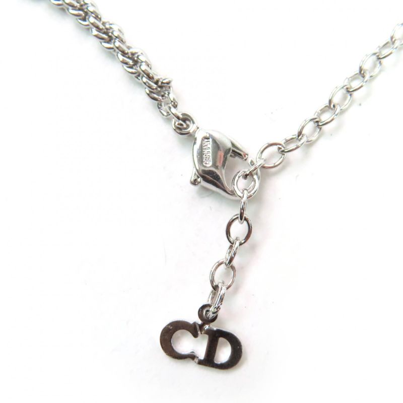 Christian DIOR Vintage Flower Design Pendant Necklace With Rhinestones Silver