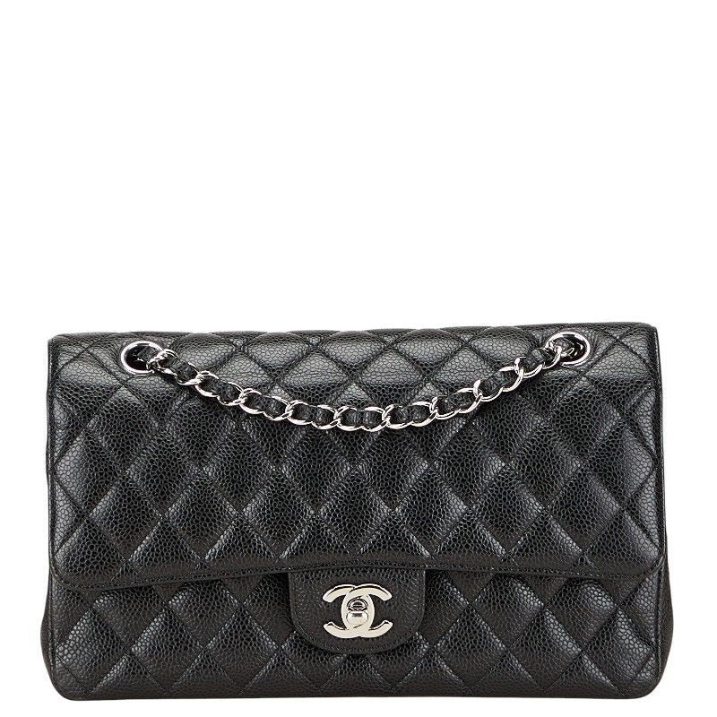 Chanel Coco Mark Matelasse 25 Double Flap Chain Shoulder Bag Black Caviar Skin