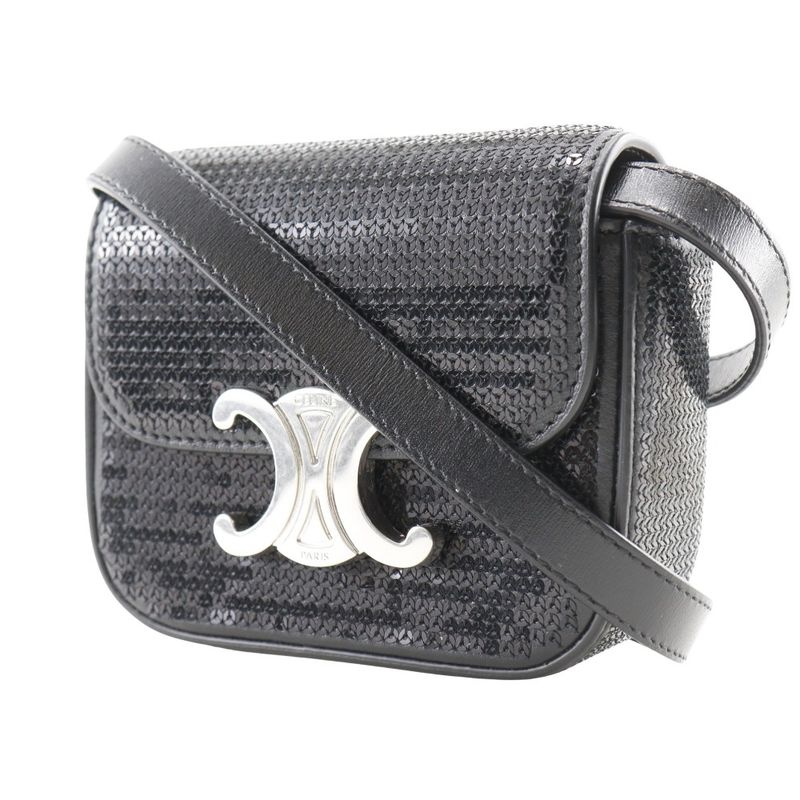 Celine Mini Triomphe 2WAY Clutch Leather X Sequins Black Ladies Shoulder Bag