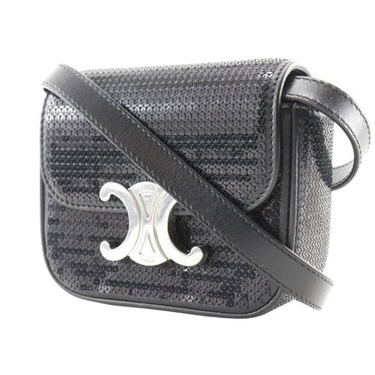 Celine Mini Triomphe 2WAY Clutch Leather X Sequins Black Ladies Shoulder Bag