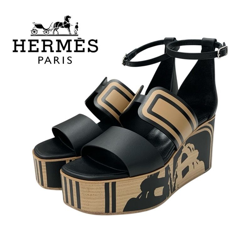 Hermes Charis Sandals Shoes Leather Black Brown Unused Brides De Gala Quadri