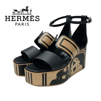 Hermes Charis Sandals Shoes Leather Black Brown Unused Brides De Gala Quadri