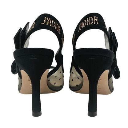Christian DIOR Jadior Sandals Shoes Mesh Suede Black Rhinestone Dot Ring Back