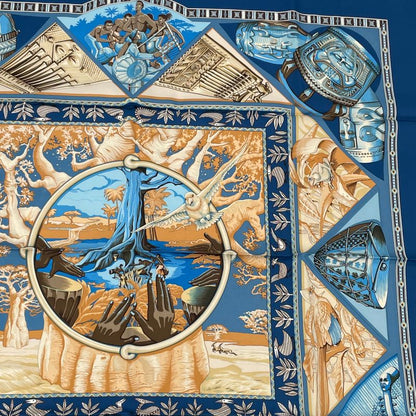 Hermes Scarf Carre 90 Au Son Du Tam To The Sound Of Tam Silk Blue