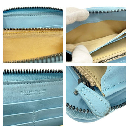 Bottega Veneta Leather Intrecciato Round Zip Wallet Blue 371637 Long Wallet