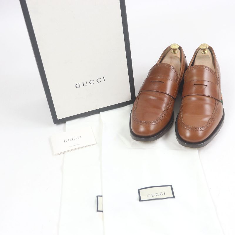 Gucci 450990 Leather Bee Embroidery Webline Perforated Coin Loafers Penny