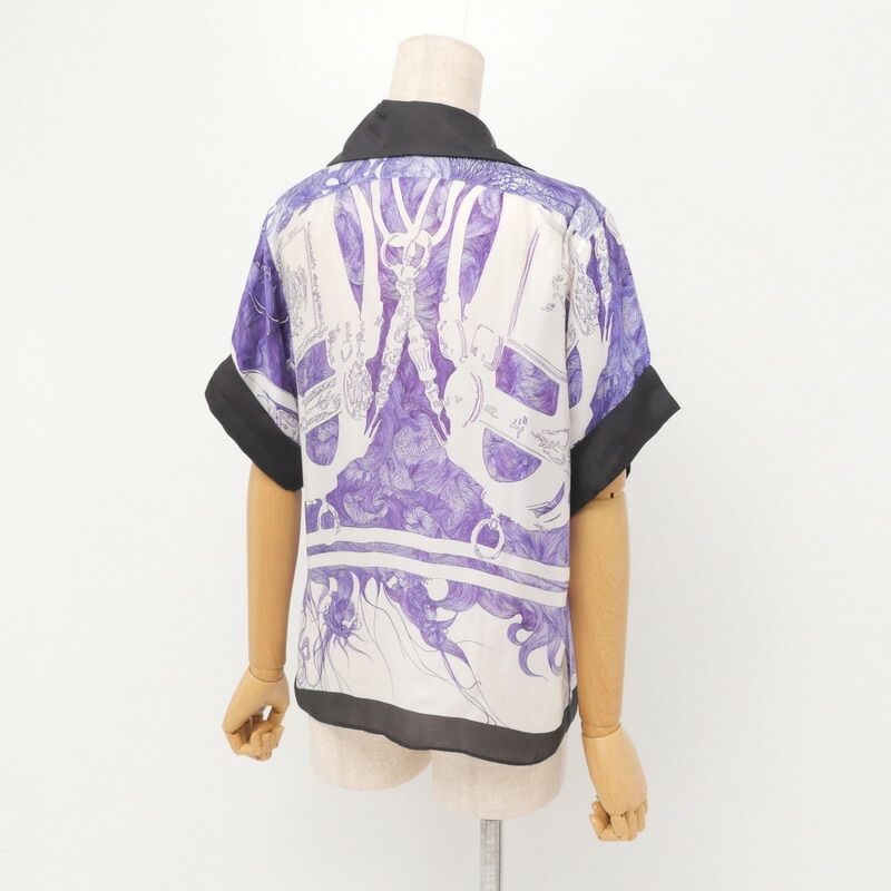 Hermes Blouse Size 34 Short Sleeves All Silk Shirt All Over Pattern Made In