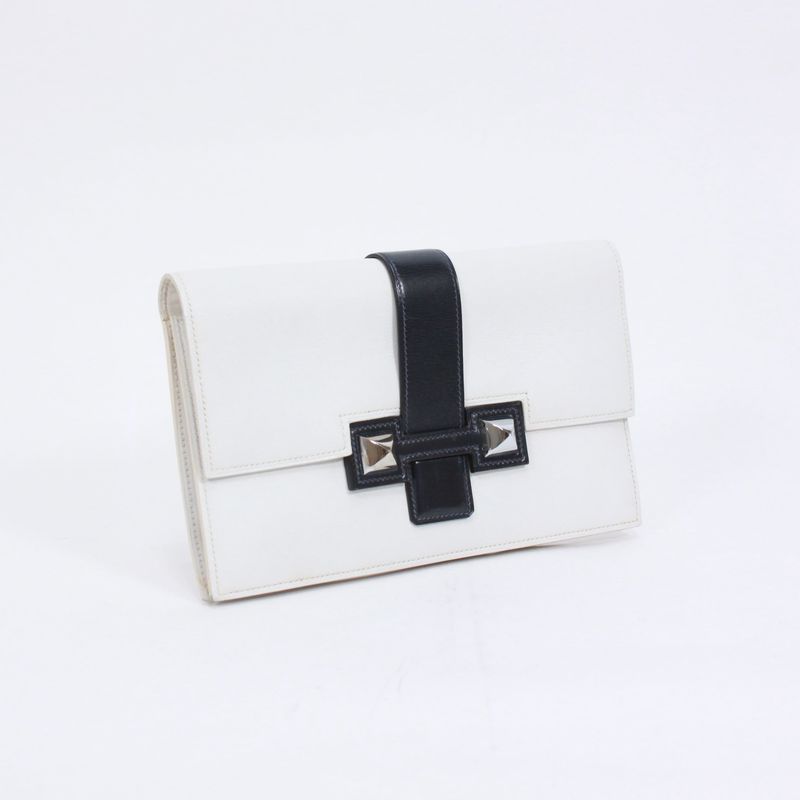 Hermes Medor Box Calf Black And White Clutch Bag Silver