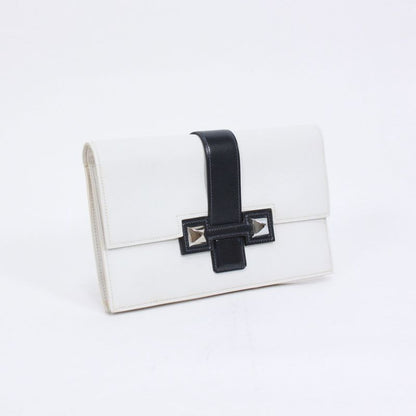 Hermes Medor Box Calf Black And White Clutch Bag Silver
