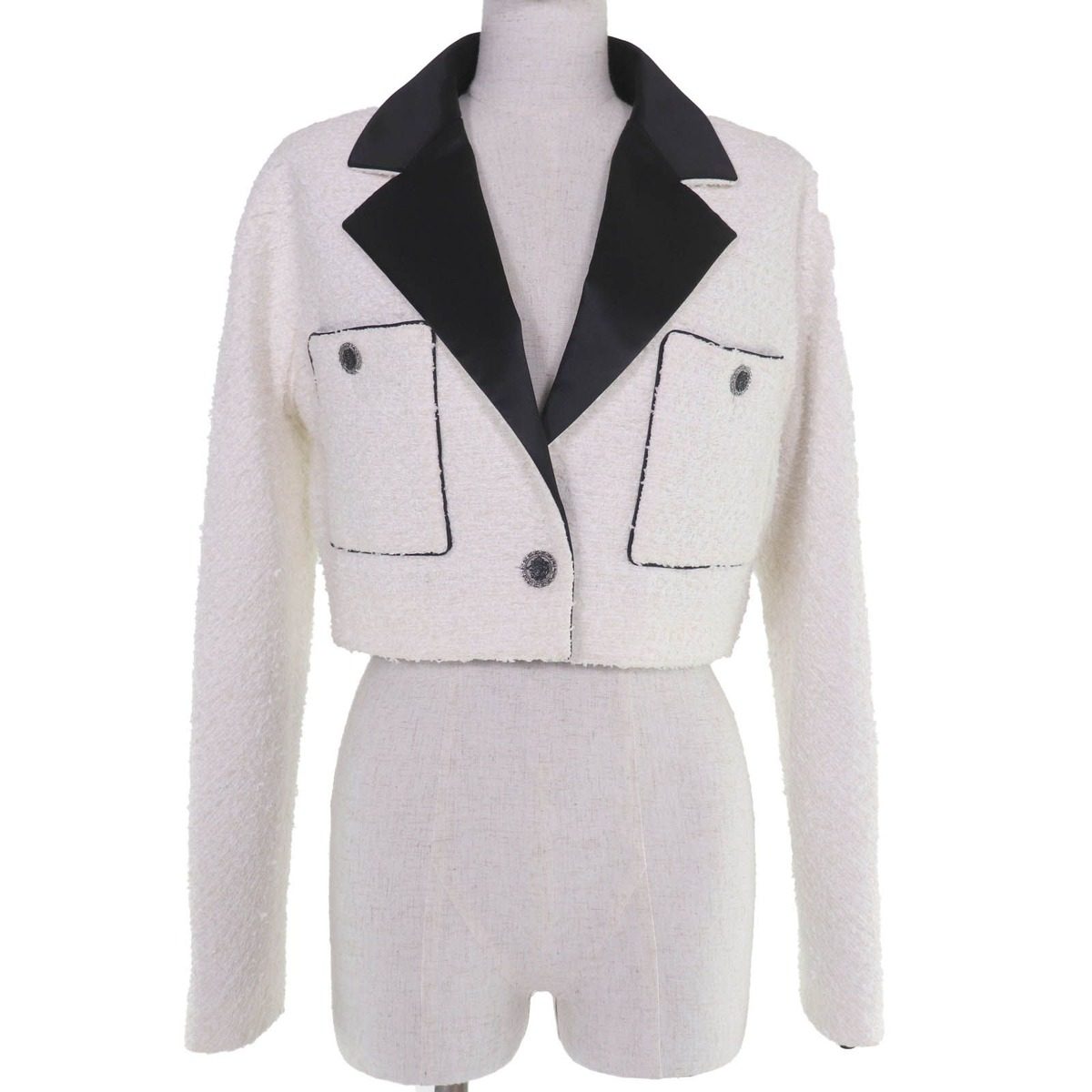 Chanel Cotton Lion Button Cropped Tweed Jacket White 40