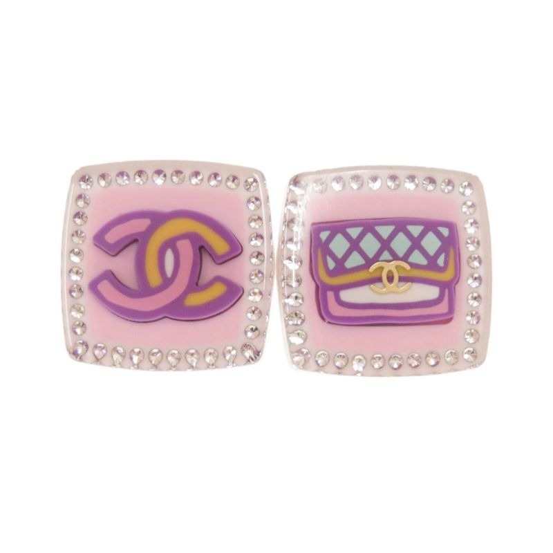 Chanel Coco Mark Quilted Motif Plastic Rhinestone Multicolor Earrings 0286