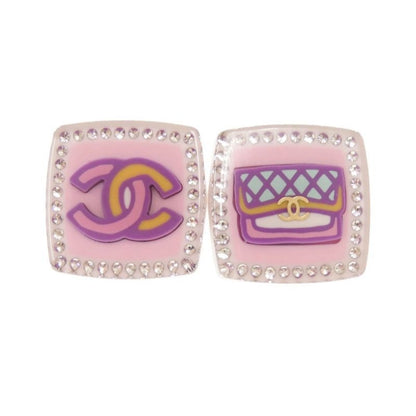 Chanel Coco Mark Quilted Motif Plastic Rhinestone Multicolor Earrings 0286