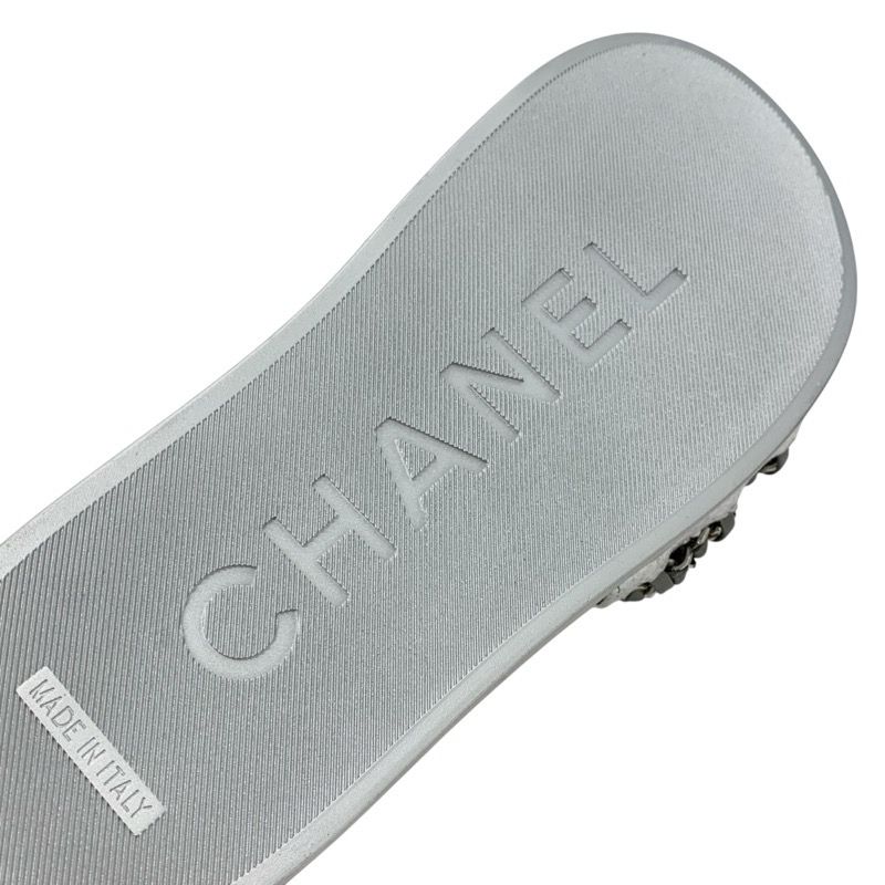Chanel Sandals Shoes Leather Silver Coco Mark Chain Flat Mule