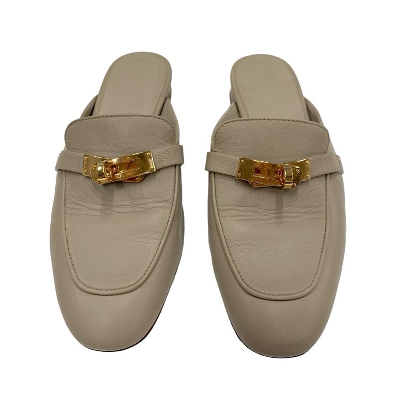 Hermes Oz Flat Shoes Leather Beige Gold Mule Kelly Hardware